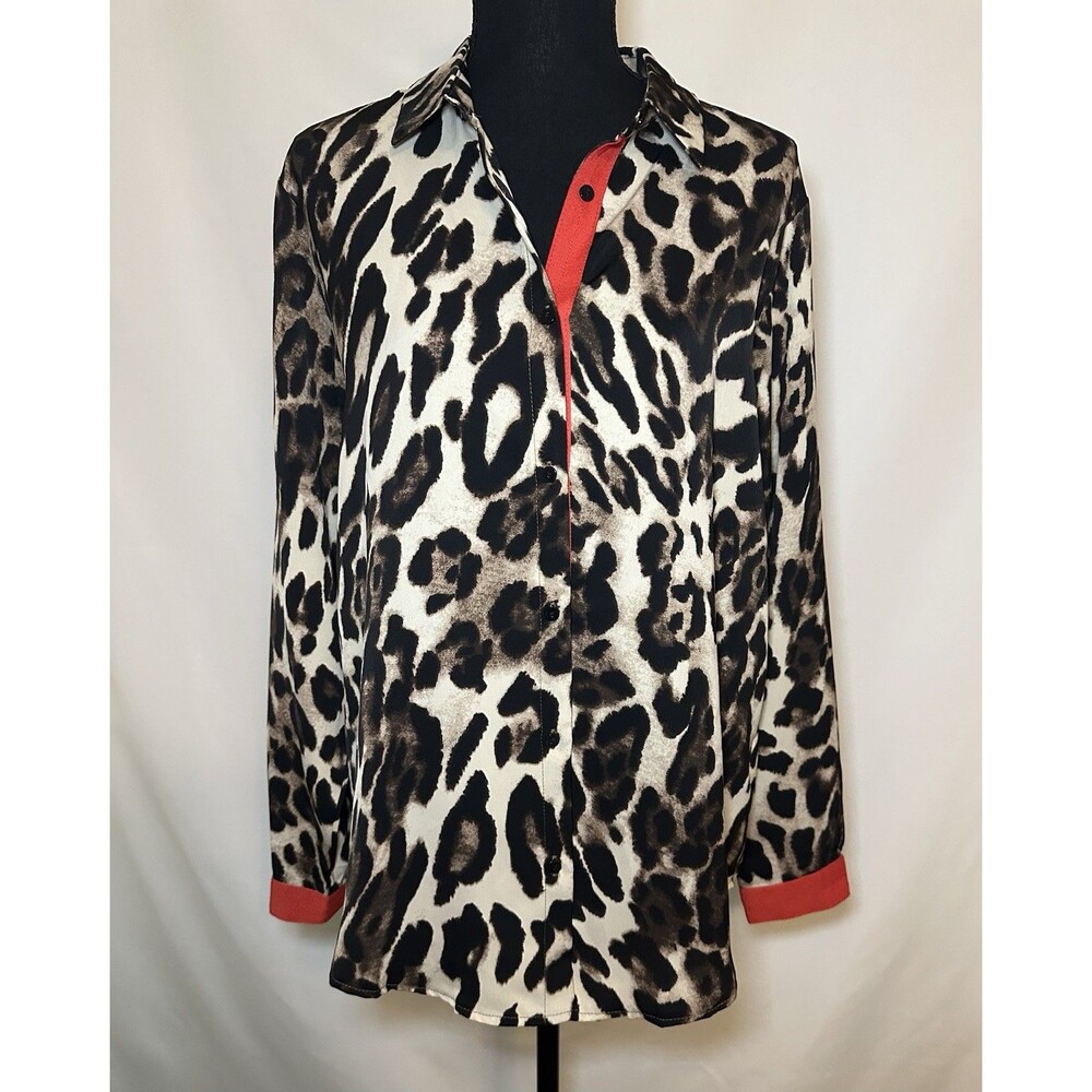 Q2 Leopard Button Up Long Sleeve Shirt‎ Animal Print Top Women's MEDIUM